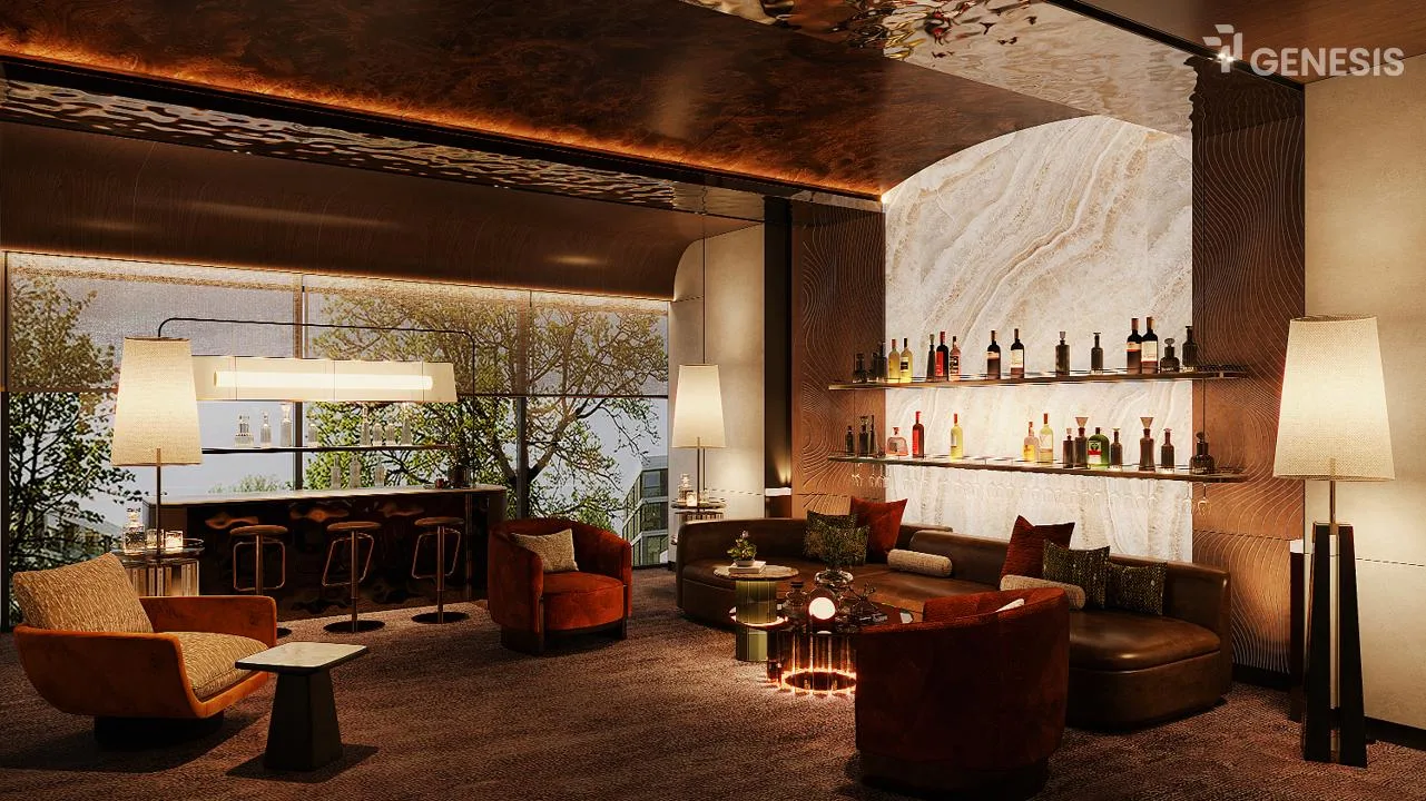 Cigar Lounge sang trọng tại TT Genesis với quầy bar đá onyx và sofa da
