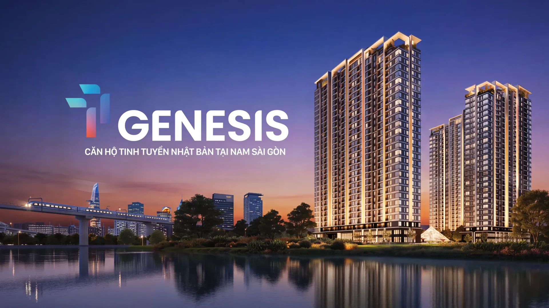 Logo TT Genesis và hai tháp đôi lên đèn lúc chạng vạng, phản chiếu trên mặt sông