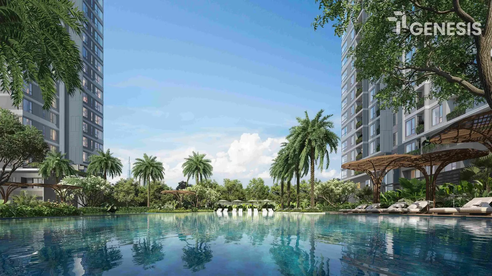 Hồ bơi muối khoáng giữa hai tháp TT Genesis, hàng dừa và ghế tắm nắng