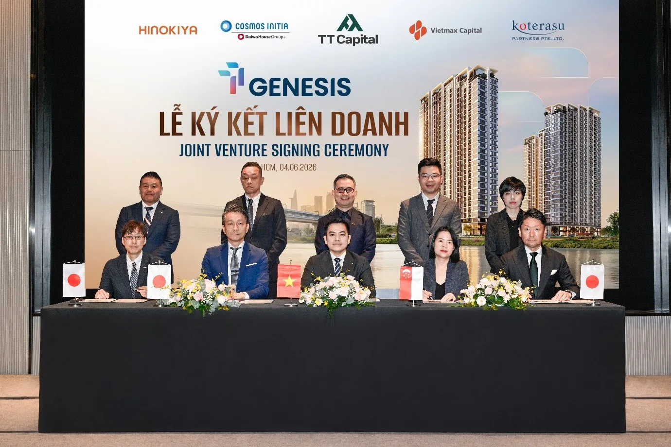 Lễ ký kết liên doanh TT Genesis ngày 04/06/2026 giữa TT Capital, Vietmax Capital, Cosmos Initia, Hinokiya và Koterasu