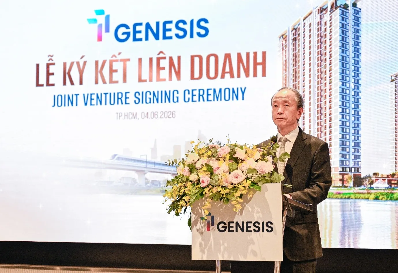 Đại diện đối tác Nhật Bản phát biểu tại lễ ký kết liên doanh TT Genesis