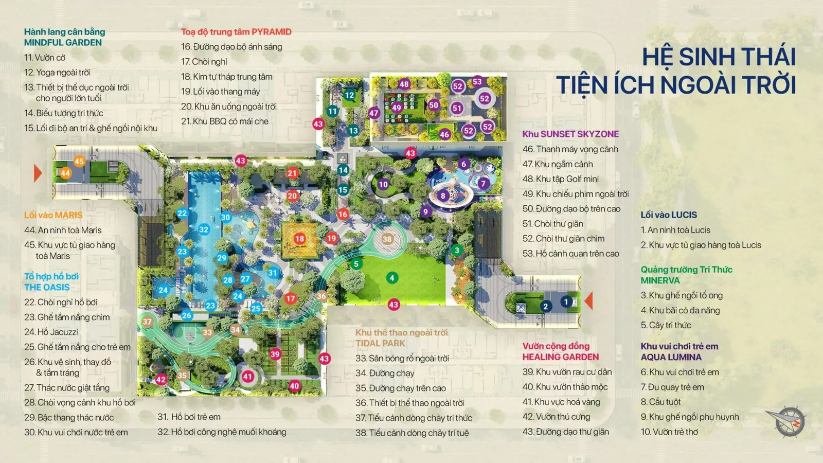 Mặt bằng tiện ích ngoài trời TT Genesis đánh số từng hạng mục, từ hồ bơi The Oasis đến Sunset Skyzone