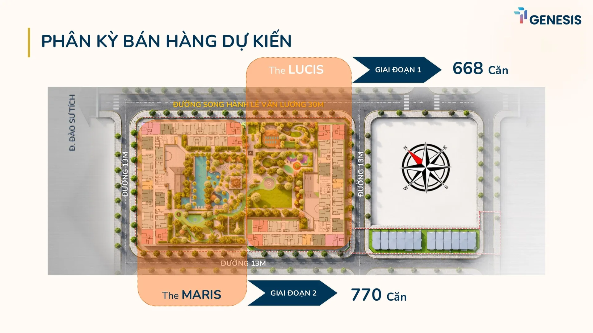Sơ đồ phân kỳ bán hàng TT Genesis: giai đoạn 1 tháp The LUCIS 668 căn, giai đoạn 2 tháp The MARIS 770 căn