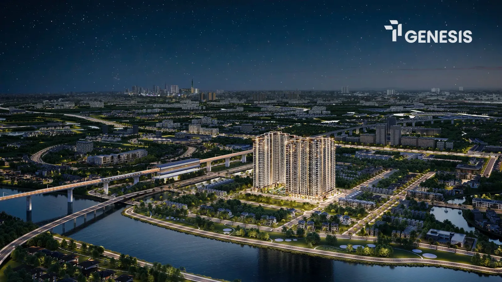 Phối cảnh tổng thể TT Genesis về đêm bên sông, cạnh tuyến metro, nhìn về trung tâm TP.HCM