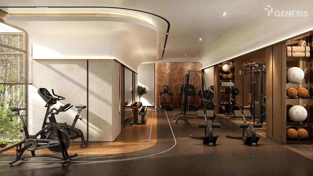 Phòng tập gym trong nhà TT Genesis với máy tập hiện đại và đường chạy vòng
