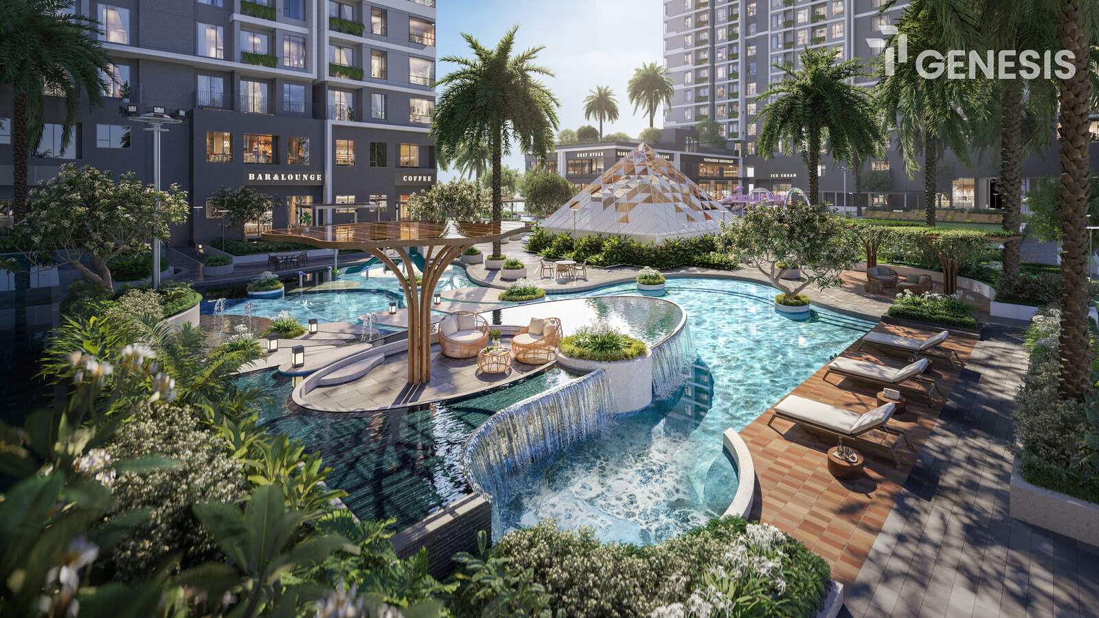 Thác nước giật tầng và chòi nghỉ giữa hồ The Oasis, phía sau là kim tự tháp ánh sáng