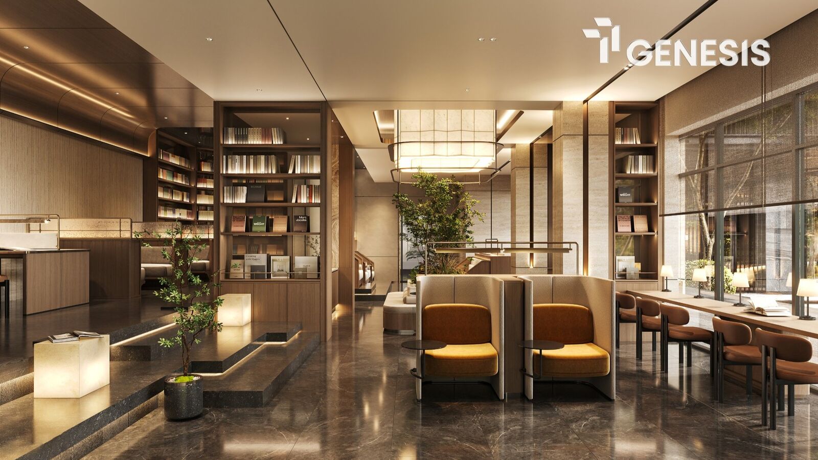Thư viện và khu co-working tầng 1 TT Genesis với kệ sách trung tâm và ghế đọc riêng tư
