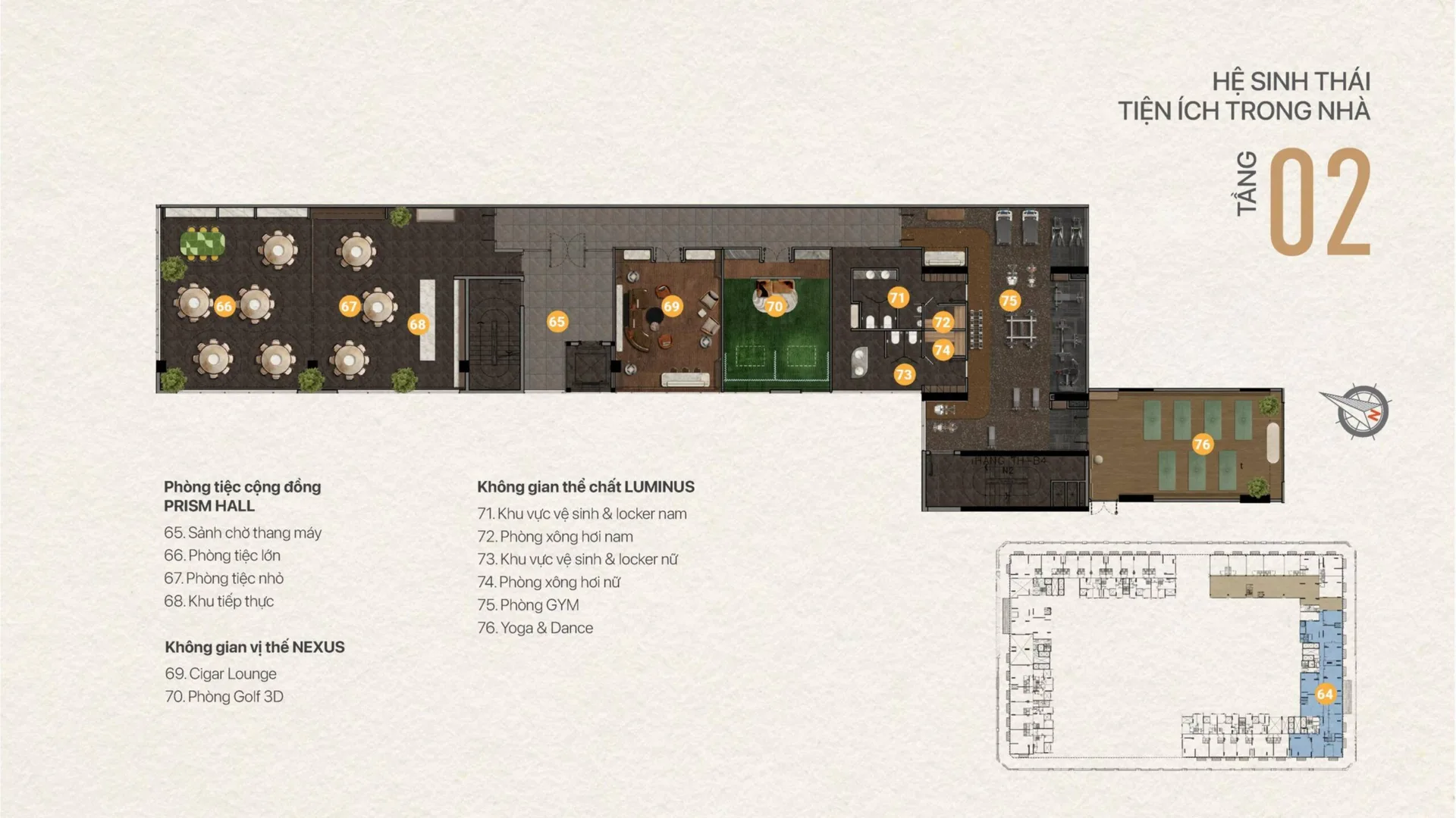Mặt bằng tiện ích trong nhà tầng 2 TT Genesis: phòng tiệc, Cigar Lounge, Golf 3D, gym, xông hơi, yoga