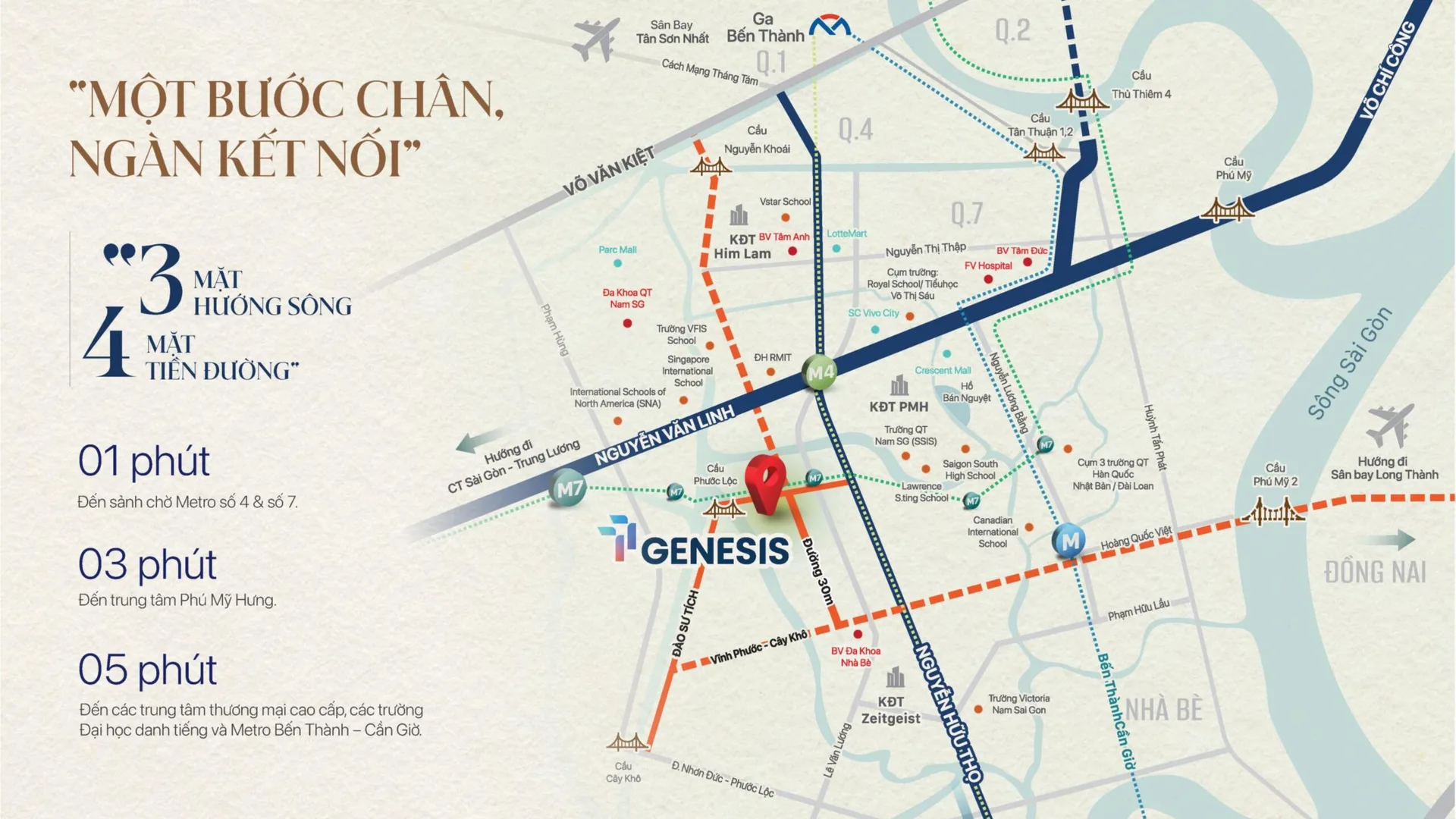 Bản đồ vị trí TT Genesis: 3 mặt hướng sông, 4 mặt tiền đường, kết nối Metro số 4 và số 7